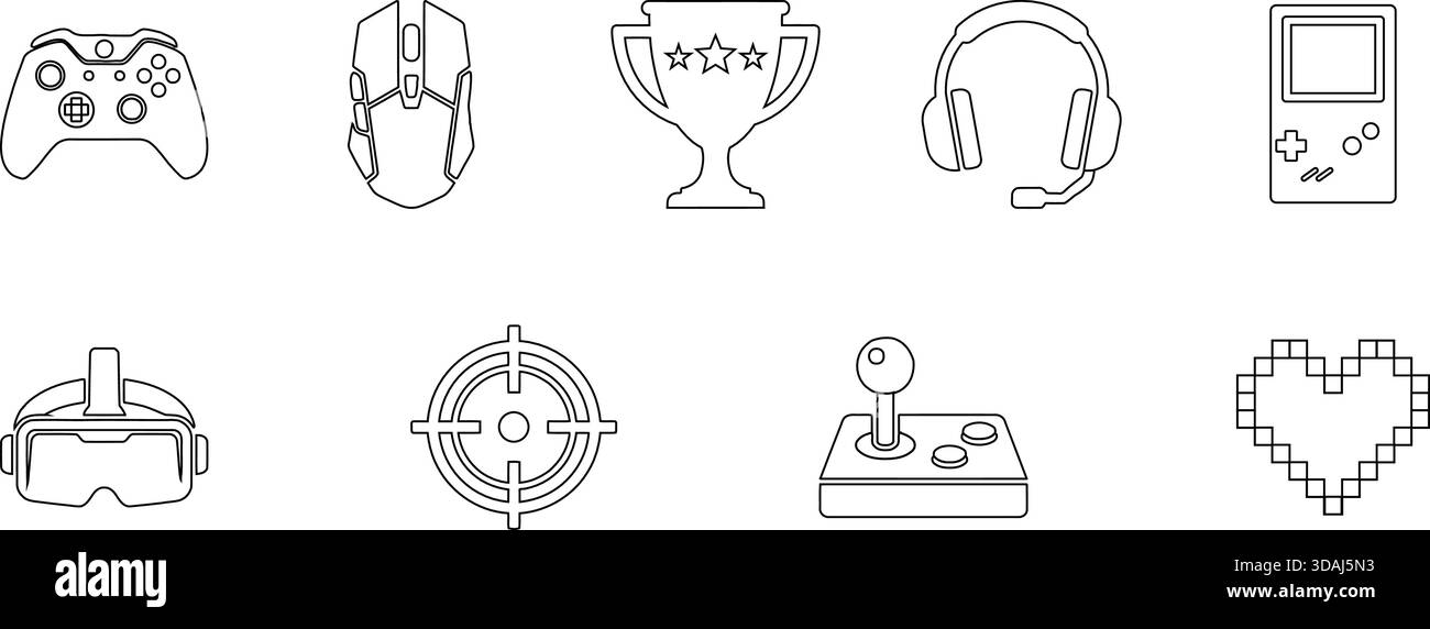 Raccolta di simboli che rappresentano i videogame, la competizione eSport e la tecnologia della realtà virtuale. Perfetto per la progettazione Web e applicazioni Illustrazione Vettoriale