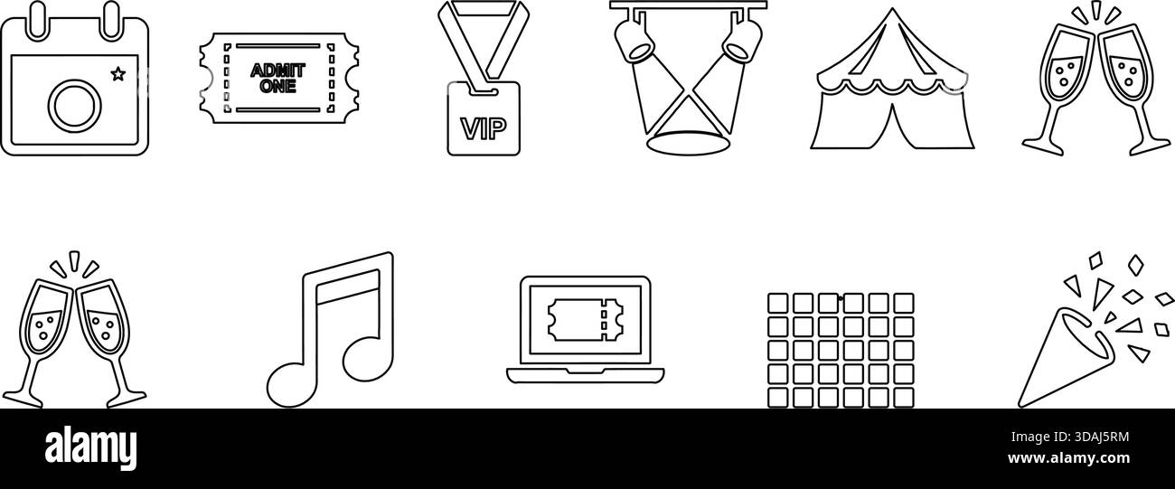 Una serie di icone in bianco e nero raffiguranti concetti relativi a eventi e festeggiamenti, tra cui biglietteria, calendario, palco e champagne. Utilizzare Illustrazione Vettoriale