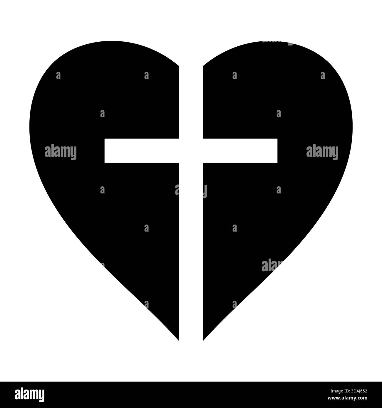 Cuore nero diviso con croce bianca simbolo fede amore guarigione Illustrazione Vettoriale