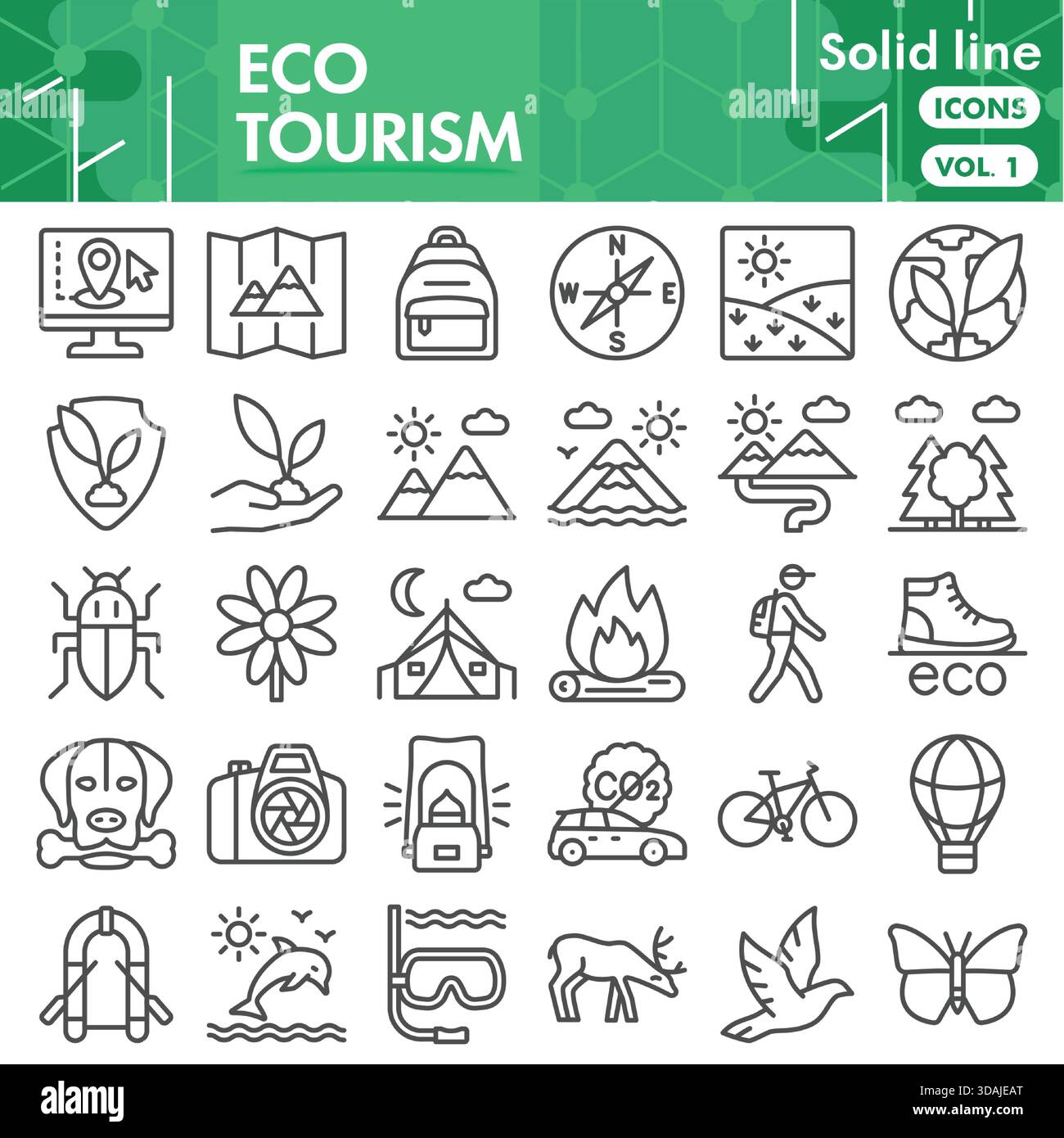Collezione o schizzi di simboli del turismo ecologico. Icone a tema della barra mobile in stile lineare segnalano Web e app. Grafica vettoriale isolata su backgro bianco Illustrazione Vettoriale