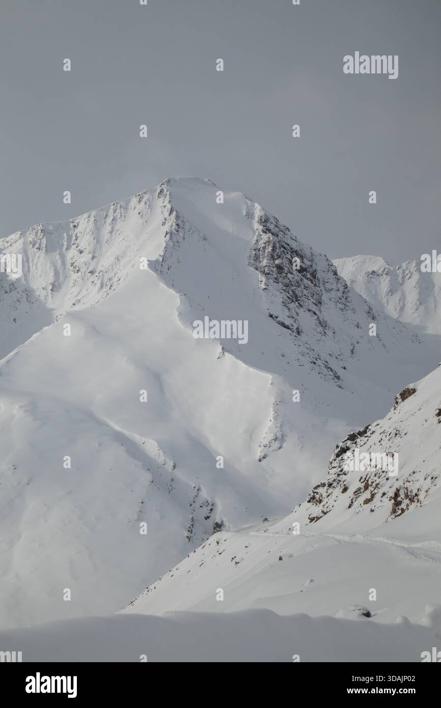 Vista ravvicinata di un'aspra cresta di montagna completamente ricoperta di neve contro un cielo grigio Foto Stock