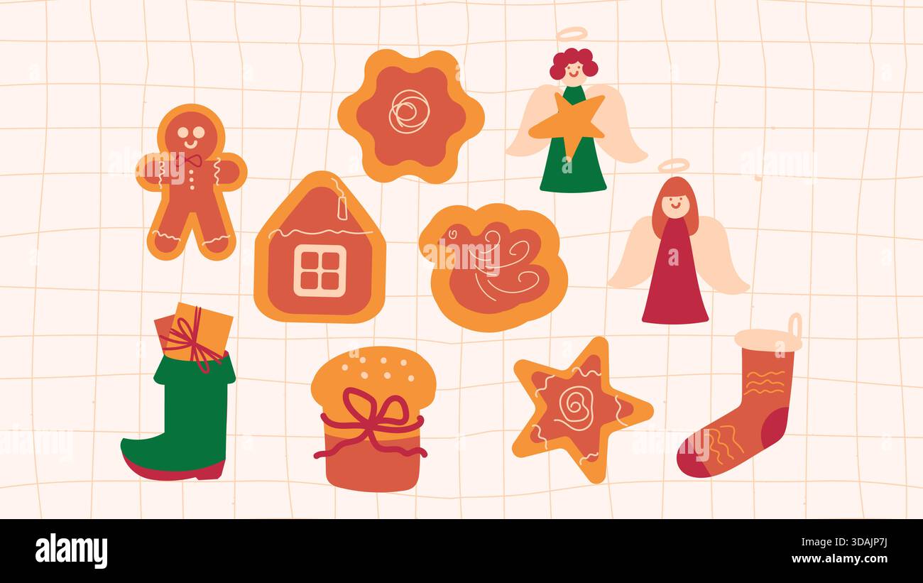Set disegnato a mano di accoglienti simboli natalizi, invernali e di Capodanno, tra cui cibo, bevande, regali e decorazioni tradizionali sullo sfondo della griglia Illustrazione Vettoriale