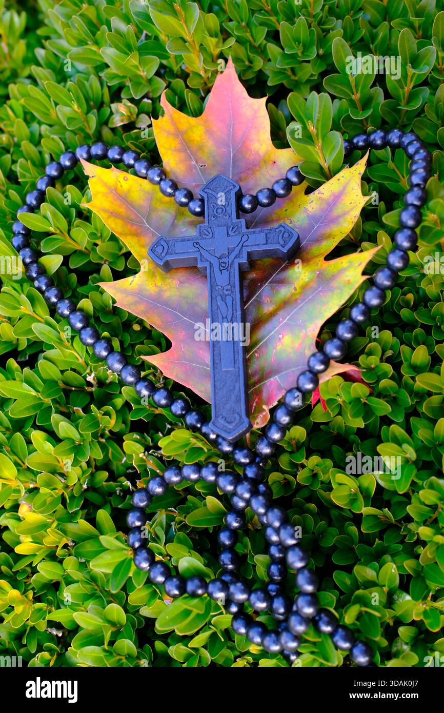 Catena di preghiera cattolica blu-nera che forma un cuore intorno a una fogliata di acero ardente, si incrocia in modo prominente, evocando l'armonia spirituale nella lussureggiante gard autunnale Foto Stock