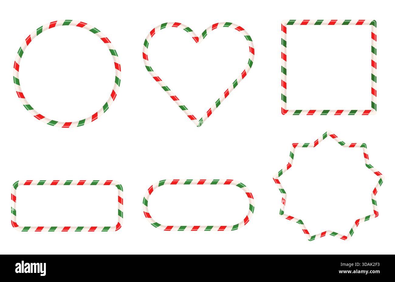 Cornici rosse e verdi di canna da zucchero, bordi a righe quadrate, a cuore e circolari di Natale per menu e inviti Illustrazione Vettoriale