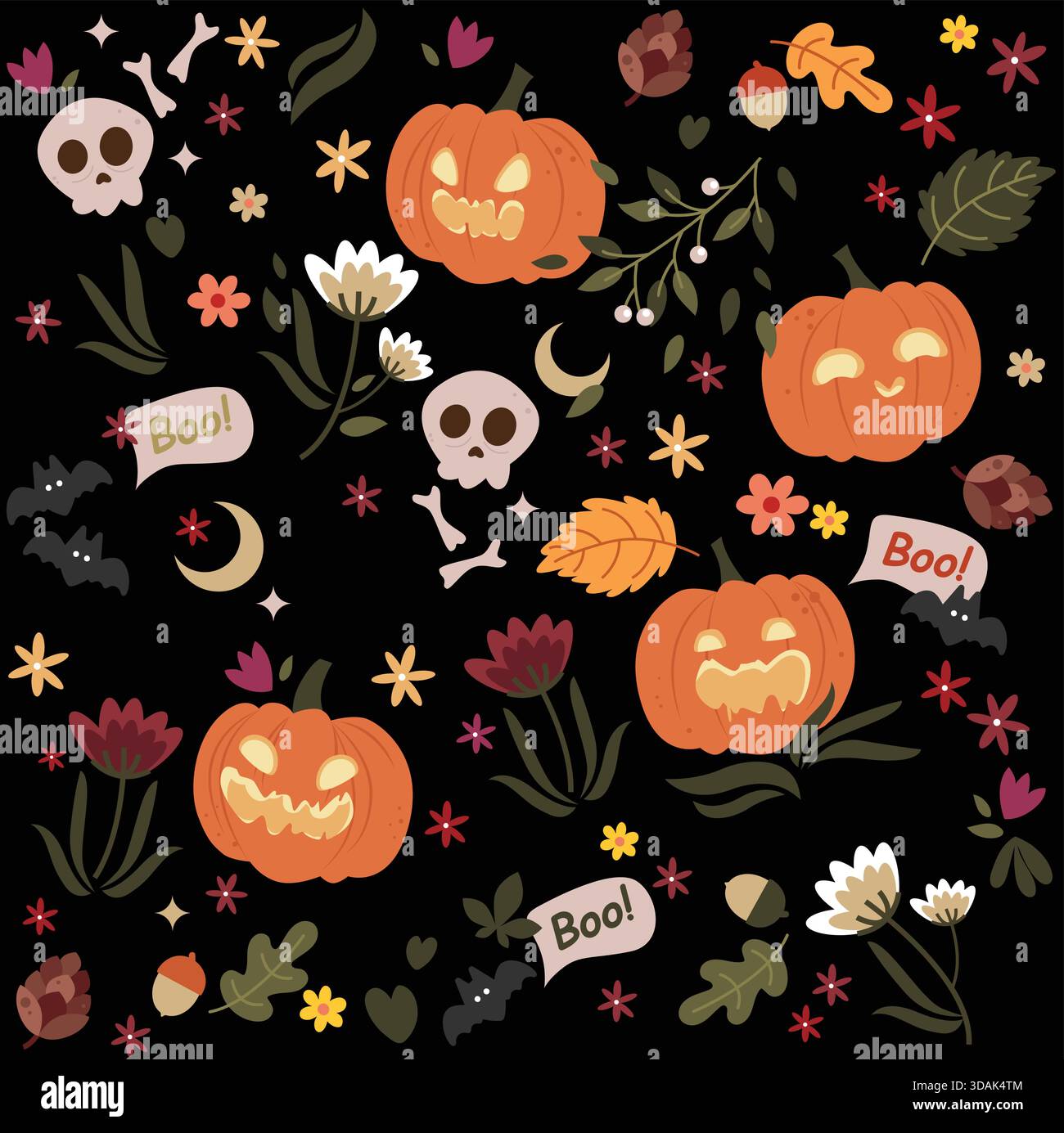 Grazioso motivo Halloween senza cuciture con elementi spettrali Illustrazione Vettoriale