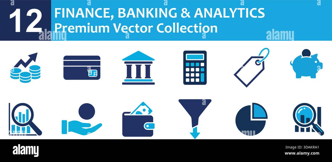 Un set completo di dodici icone blu dei vettori finanziari e bancari con simboli essenziali per l'analisi aziendale, gli investimenti finanziari e MON Illustrazione Vettoriale