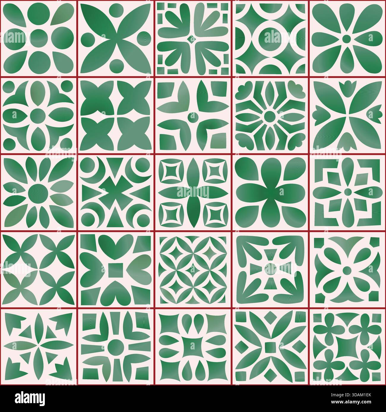 Piastrelle ornamentali geometriche verdi motivo senza cuciture. Design vettoriale floreale semplice. Decorazioni in ceramica indiana, islamica e maiolica. Illustrazione Vettoriale