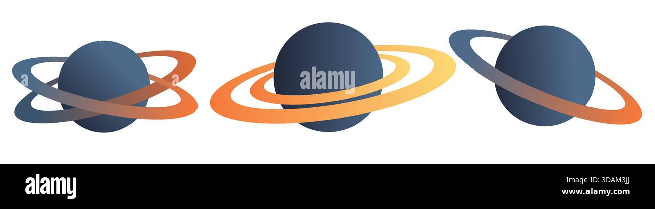 Set di clip art spaziali. Pianeti con anelli. Illustrazione disegnata a mano. Creazione scenografie, insieme di elementi. Design piatto. Illustrazione Vettoriale