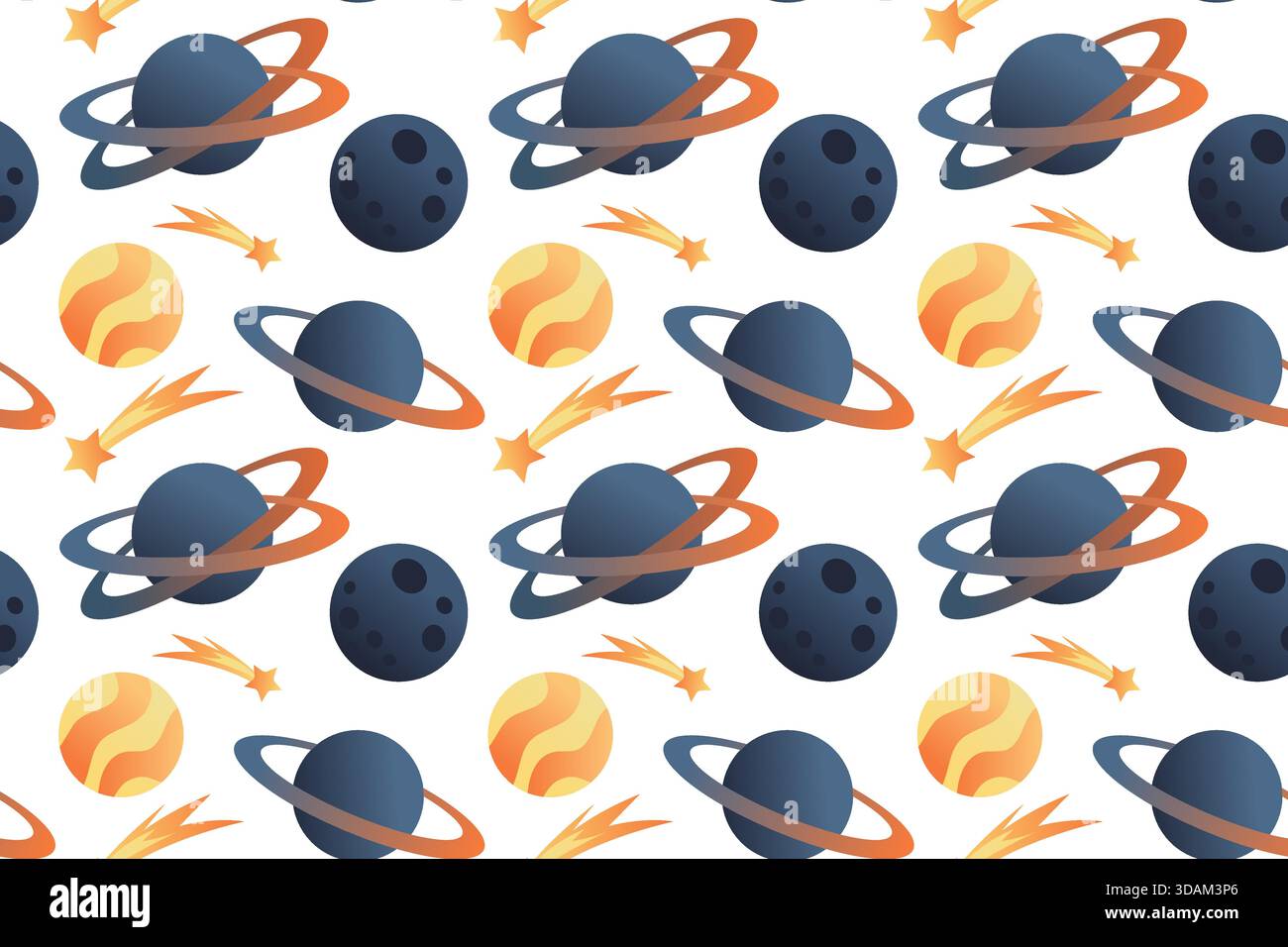 Carino schema senza cuciture con pianeti, sole, stelle. Illustrazione disegnata a mano con design a spazio piatto. Illustrazione Vettoriale