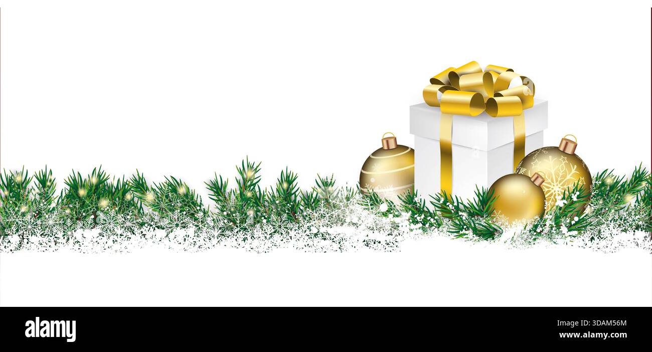 Baubles regalo d'oro di Natale Green Twigs sfondo bianco carta natalizia bianca con fiocchi di neve, regalo e rametti natalizi verdi. File vettoriale EPS 10. Foto Stock
