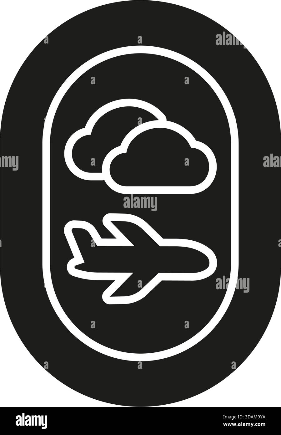 Icona continua visualizzazione finestra aereo. Simbolo di silhouette per viaggi aerei, aviazione ed esperienza di volo. Vista panoramica del cielo dalla finestra dell'aeromobile. Isolato Illustrazione Vettoriale