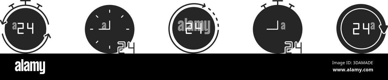 Impostazione dell'orologio a 24 ore e dell'icona fissa del timer. Gestione del tempo, programmazione giornaliera e simbolo di silhouette di funzionamento continuo. Pianificazione efficiente e. Illustrazione Vettoriale