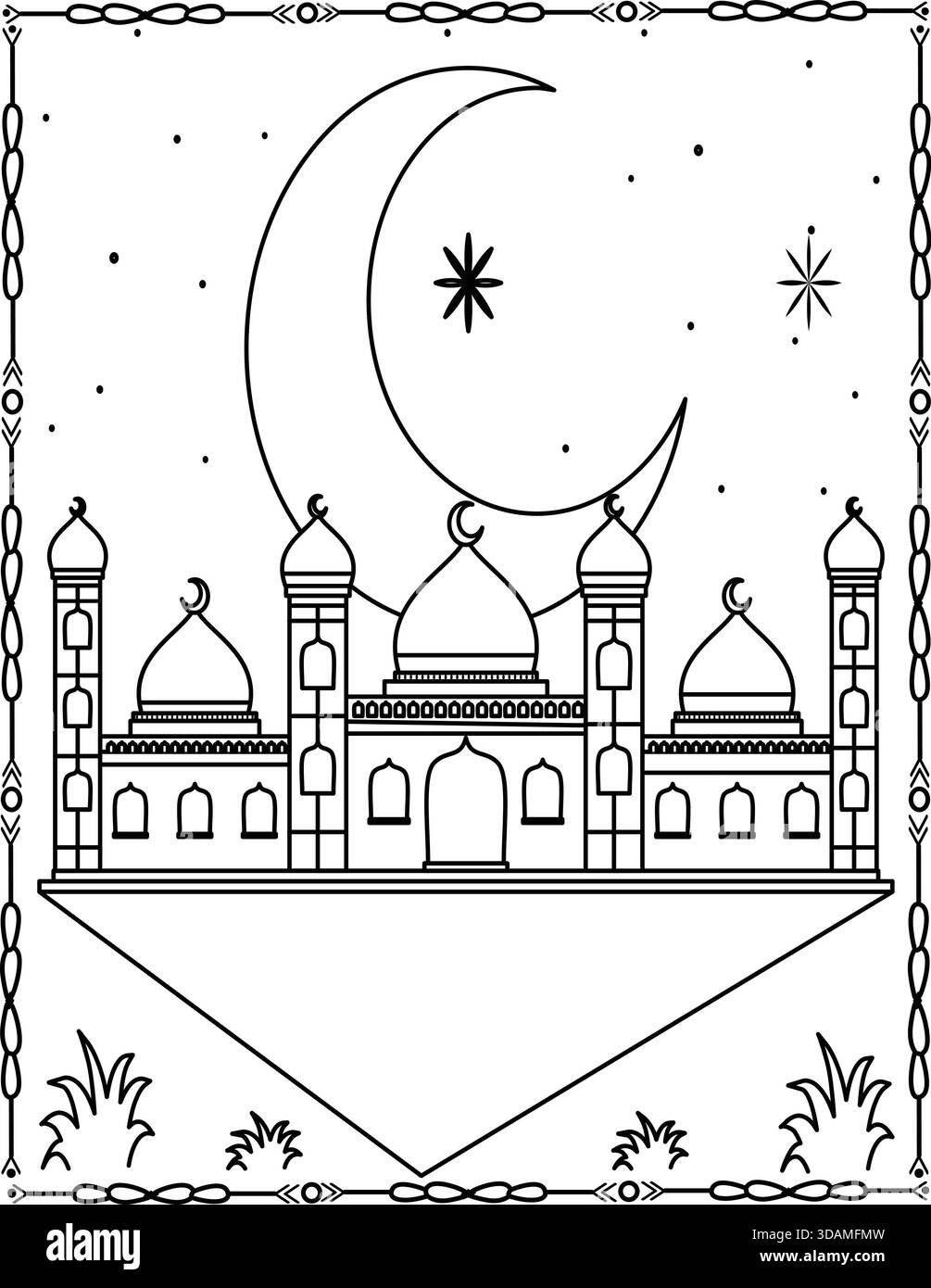 Moschea illuminata dalla luna, arte islamica, paesaggio notturno spirituale. Pagina colorata della Moschea per bambini e adulti. Illustrazione Vettoriale