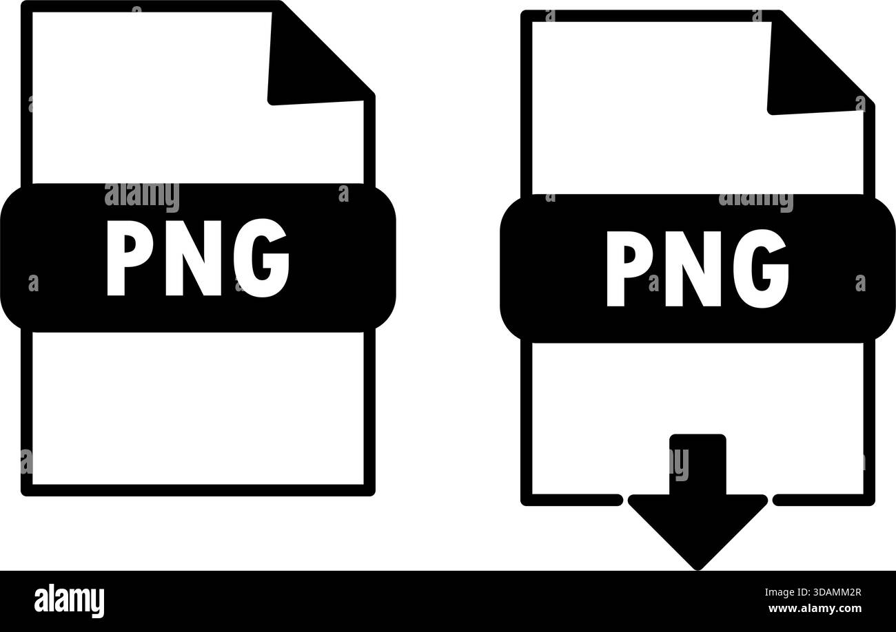 Icone di file PNG in bianco e nero con angolo piegato e freccia di download, che rappresentano il formato immagine raster e la funzionalità di download digitale Illustrazione Vettoriale