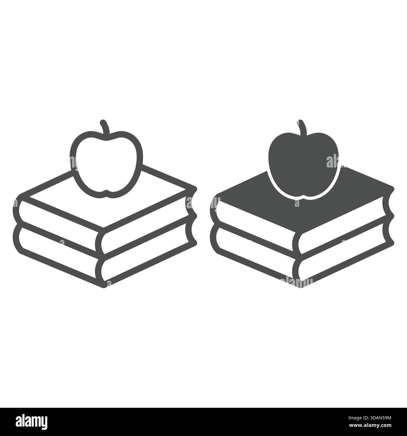 Mela fresca sulla pila di libri e icona solida, lettura e concetto di cibo. Grafica vettoriale. Libro di testo con segno di frutta su sfondo bianco, stile contorno Illustrazione Vettoriale