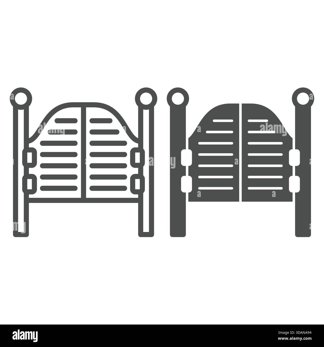Porta-a-berlina e icona solida, concetto di deserto occidentale. Grafica vettoriale. Le porte in legno della taverna segnalano su sfondo bianco, icona di stile per mobili Illustrazione Vettoriale