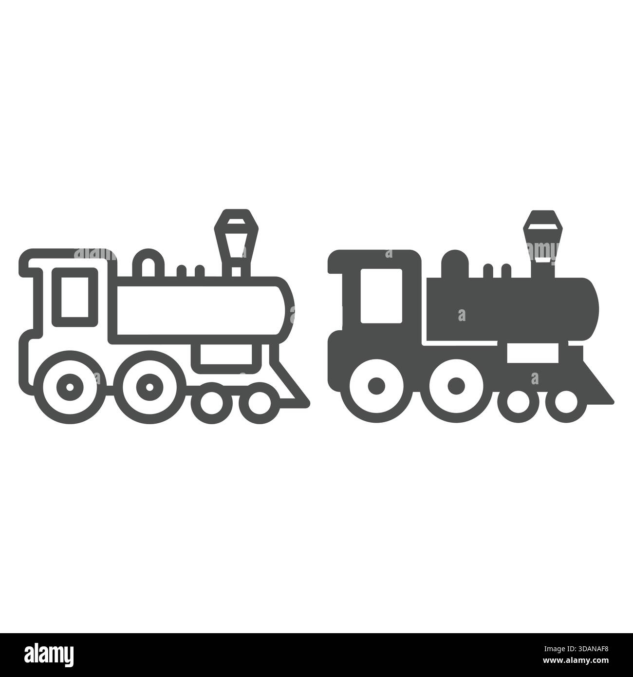 Linea principale del carro ferroviario e icona solida, concetto di ferrovia del deserto occidentale. Grafica vettoriale. Insegna del treno del motore a vapore su sfondo bianco, icona di stile del contorno Illustrazione Vettoriale