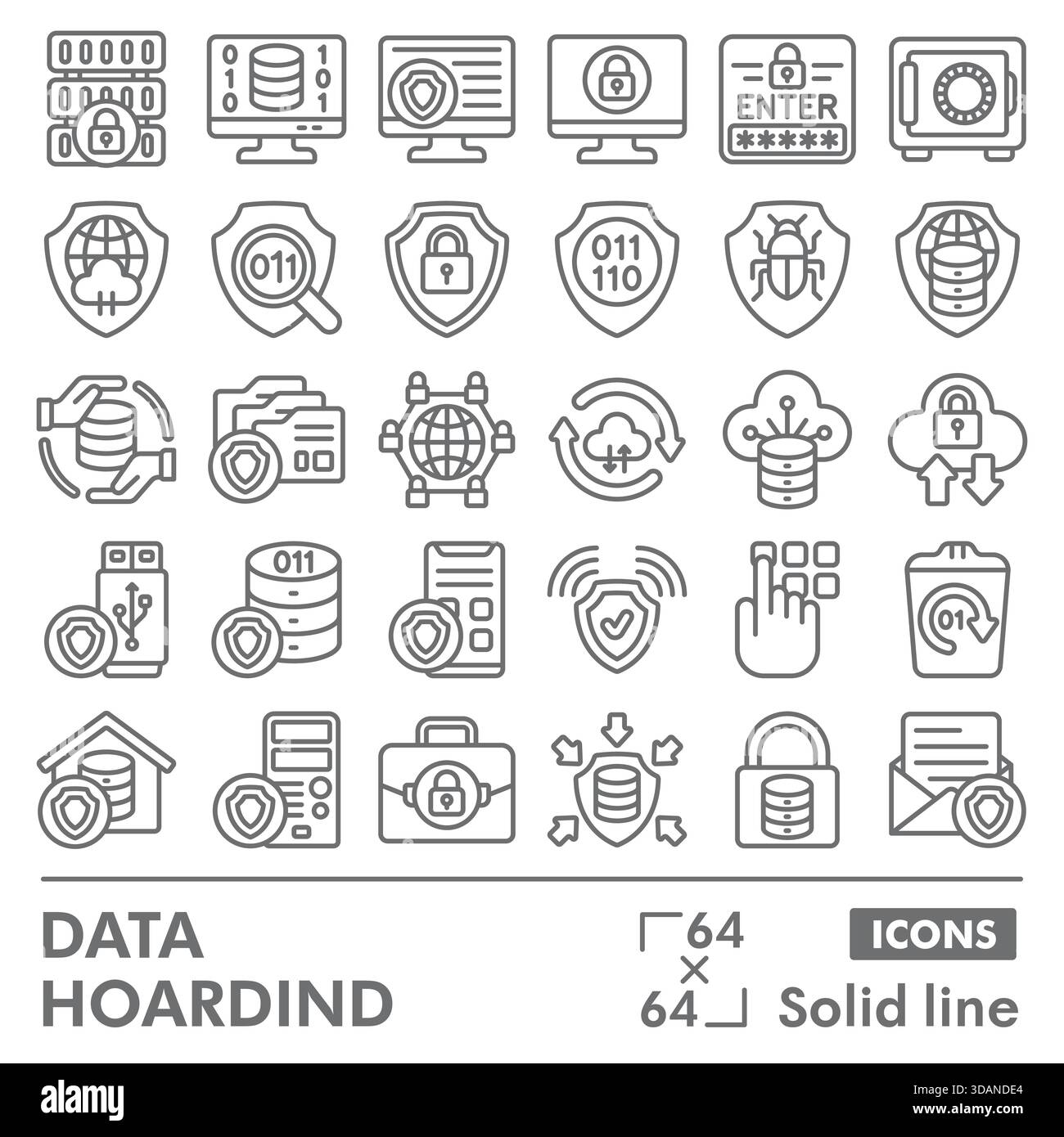Raccolta di simboli o schizzi per l'accumulo di dati. icone dei temi di archiviazione dei file in stile di linea per il web e l'app. Grafica vettoriale isolata su backgro bianco Illustrazione Vettoriale