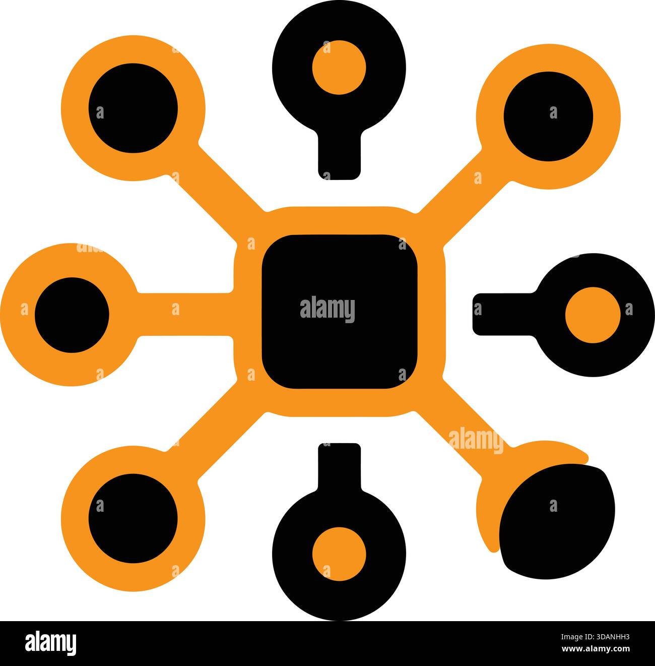 Grafica stilizzata con componenti interconnessi in arancione e nero, a simboleggiare l'unità e la creatività Illustrazione Vettoriale