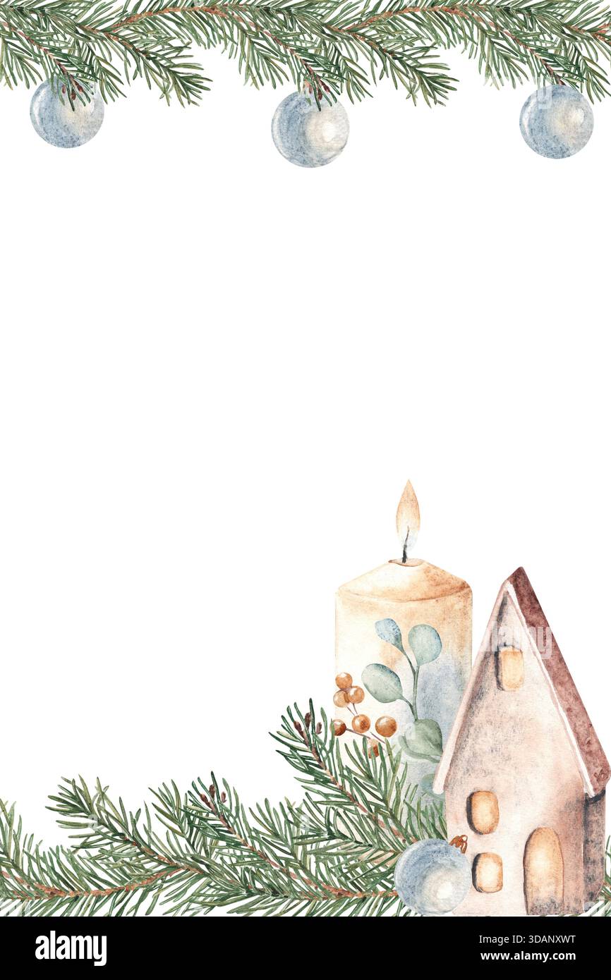 Cornice verticale quadrata invernale, bordo con abete, rami di pino, baule natalizie blu, casa in ceramica, lanterna e candela. Acquerello disegnato a mano Foto Stock