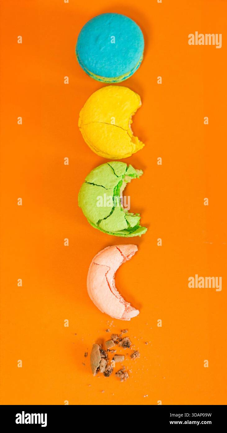 Macaron blu, giallo, verde, rosa e marrone in diverse fasi del pasto Foto Stock