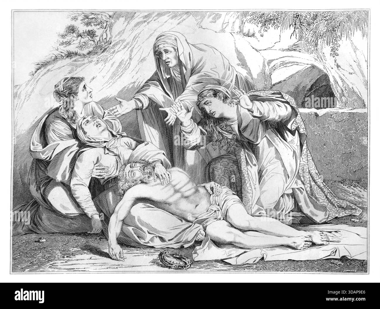 Illustrazione delle donne di Galilea che piangono sul corpo di Cristo dopo la sua Crocifissione dall'edizione 1818 della Sacra Bibbia secondo l'Au Foto Stock