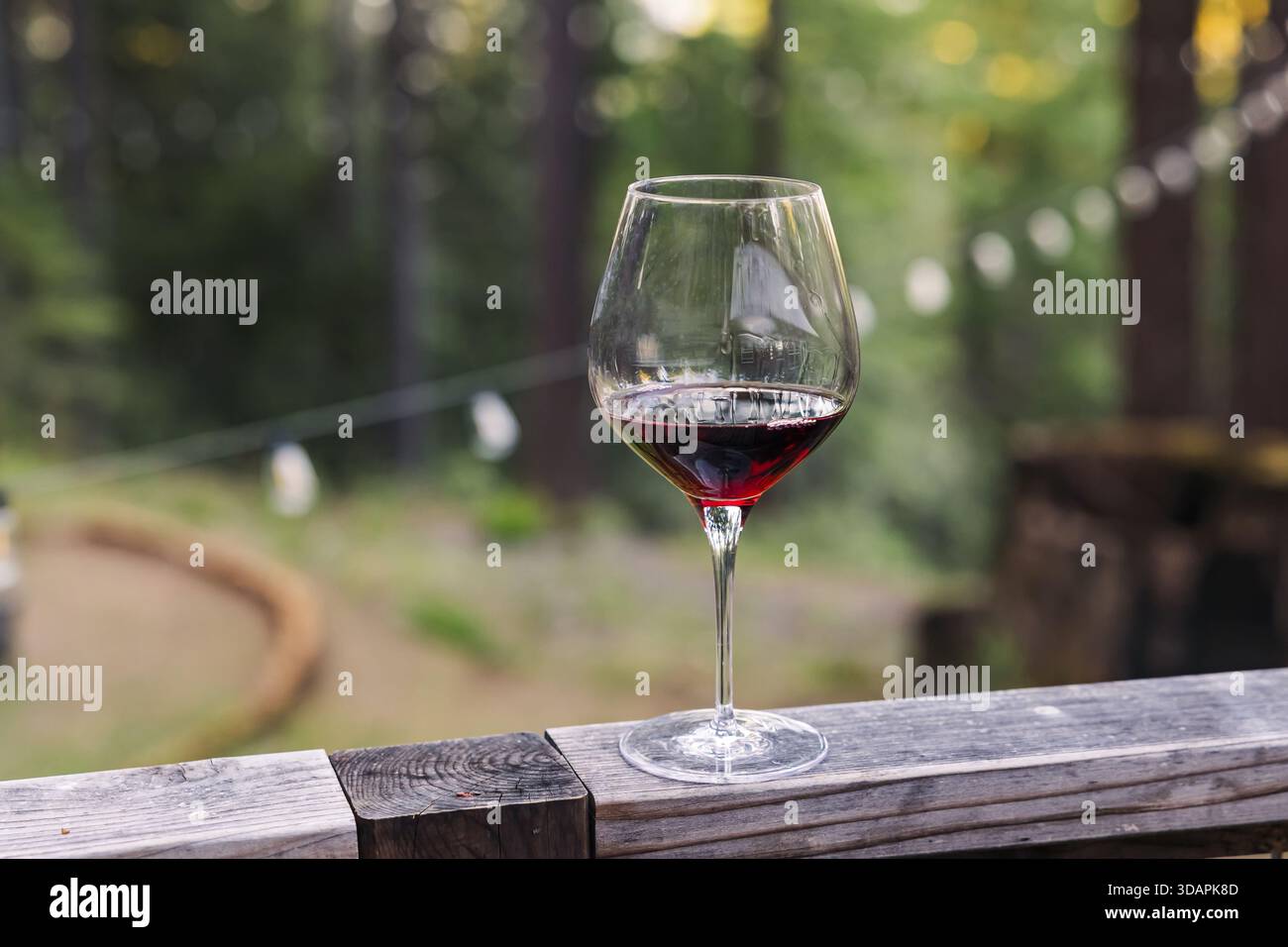 Un bicchiere di vino rosso si siede elegantemente su una ringhiera in legno, con uno sfondo naturale sfocato e una luce soffusa, creando un'atmosfera all'aperto serena Foto Stock