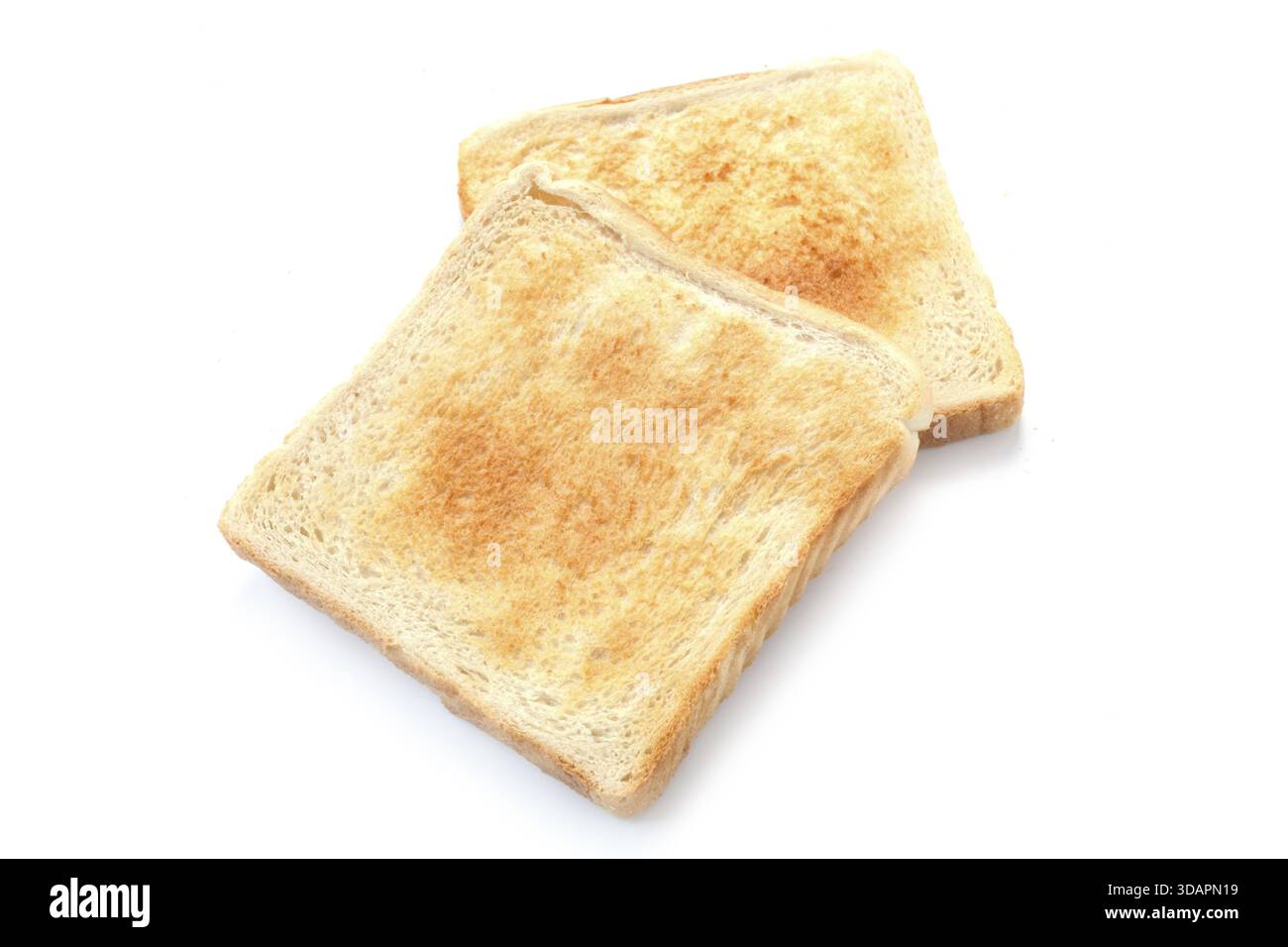 Cibo, due fette di pane tostato isolate su bianco Foto Stock