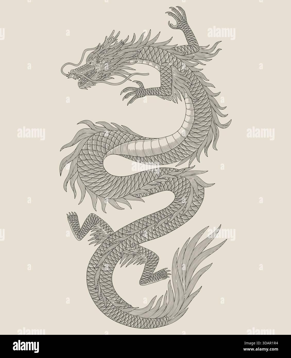 Antico drago giapponese, illustrazione in stile disegno con incisione Vintage Illustrazione Vettoriale