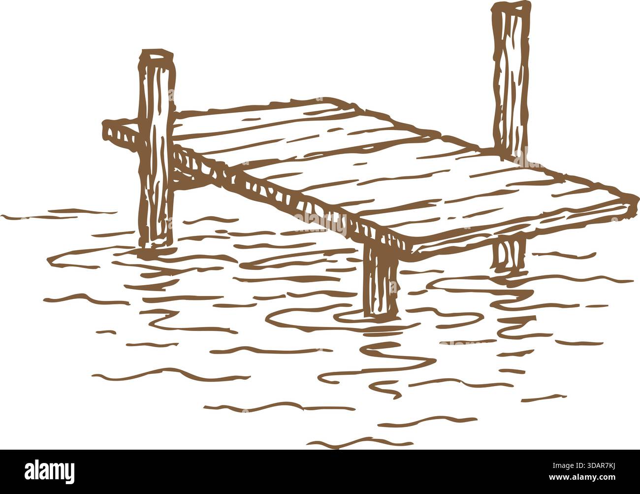 Schizzo a inchiostro marrone di un piccolo molo che si estende sull'acqua ondulata in un lago. Illustrazione Vettoriale