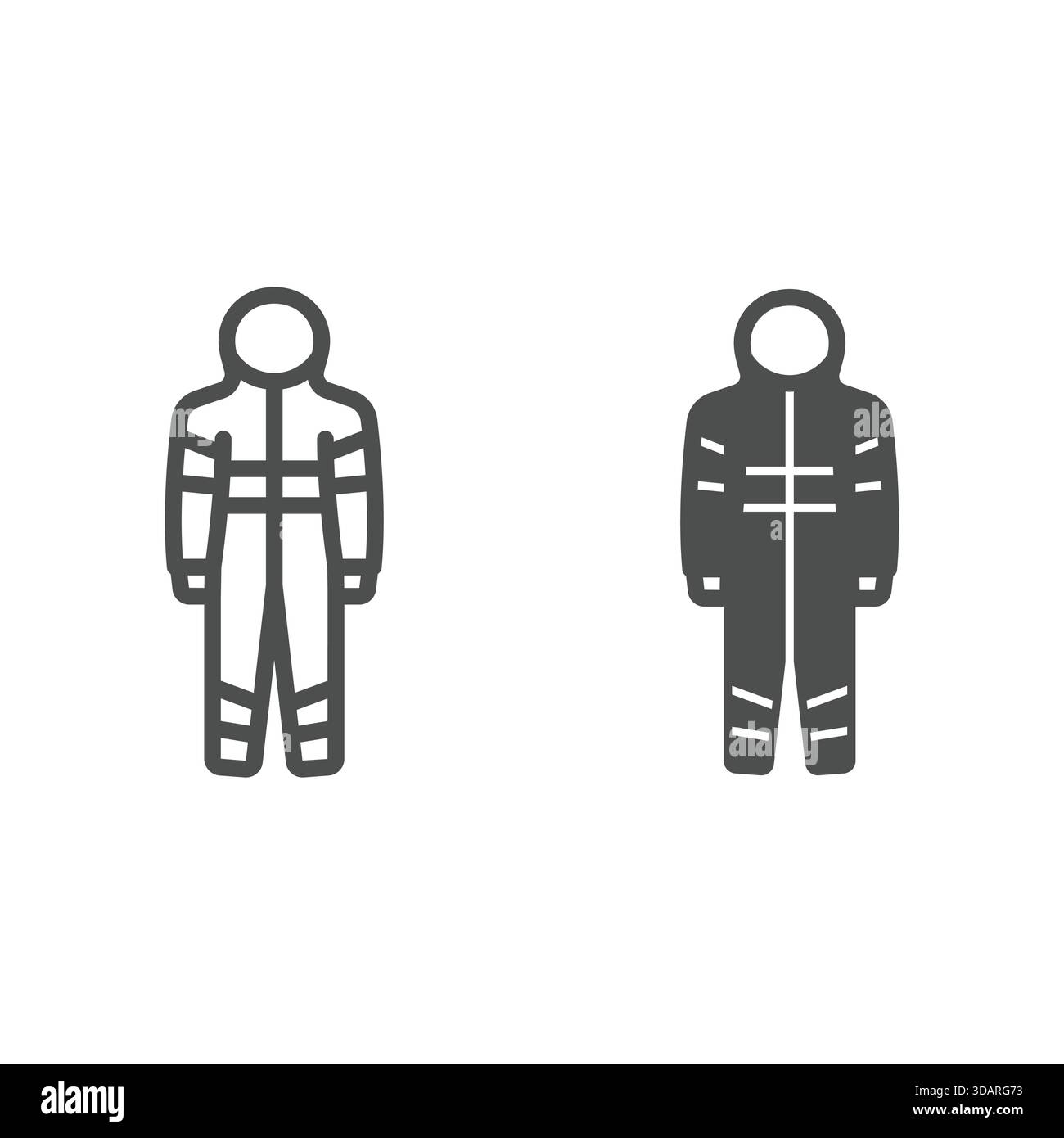 Linea tuta uomo vigile del fuoco e icona solida, concetto di servizio di emergenza. Grafica vettoriale. Cartello protettivo per abiti da lavoro su sfondo bianco, contorno st Illustrazione Vettoriale