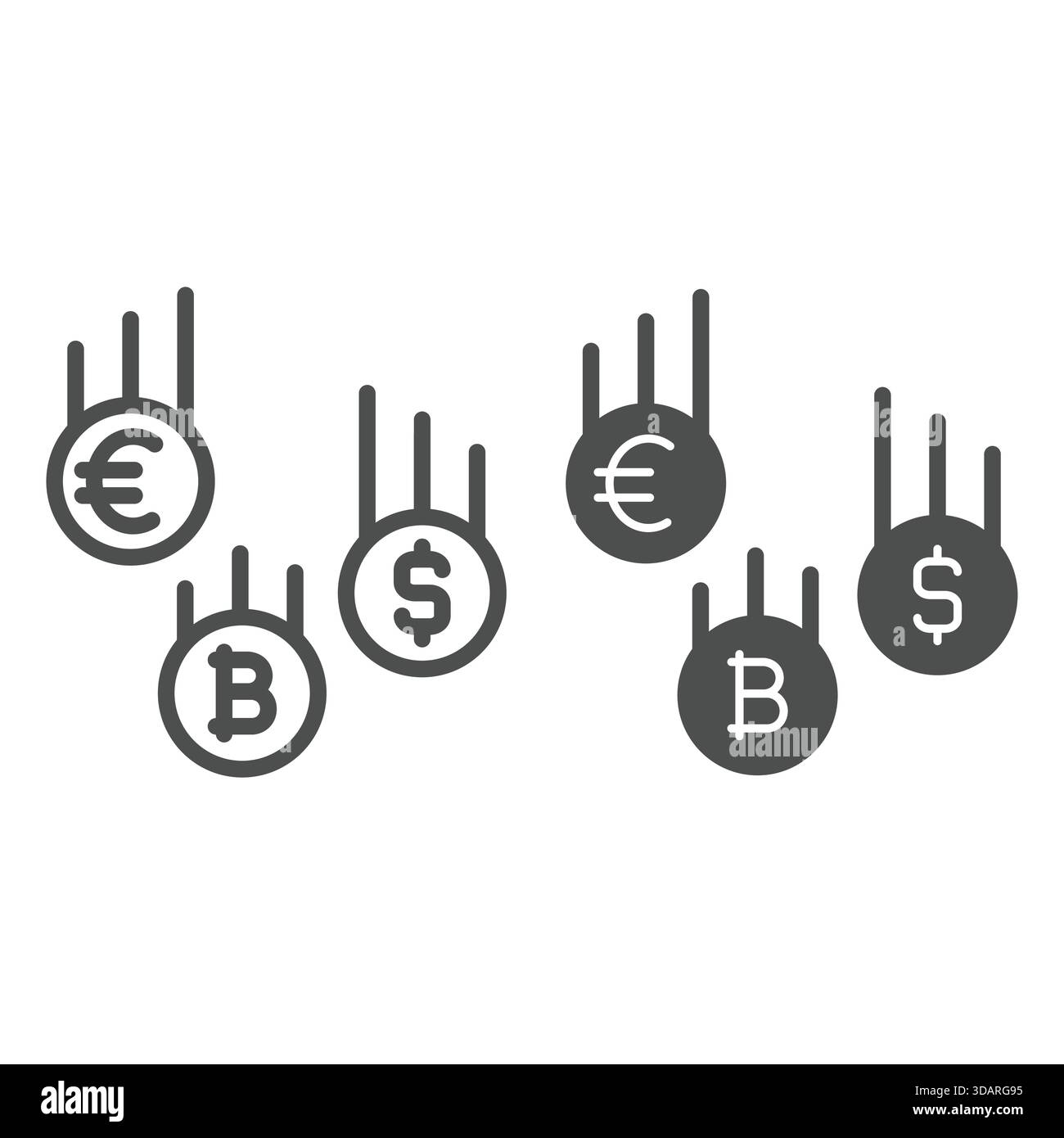 Linea di pioggia moneta moneta moneta e icona solida, concetto finanziario. Grafica vettoriale. Euro in caduta, bitcoin, monete in dollari segnano su sfondo bianco, contorno stile ico Illustrazione Vettoriale