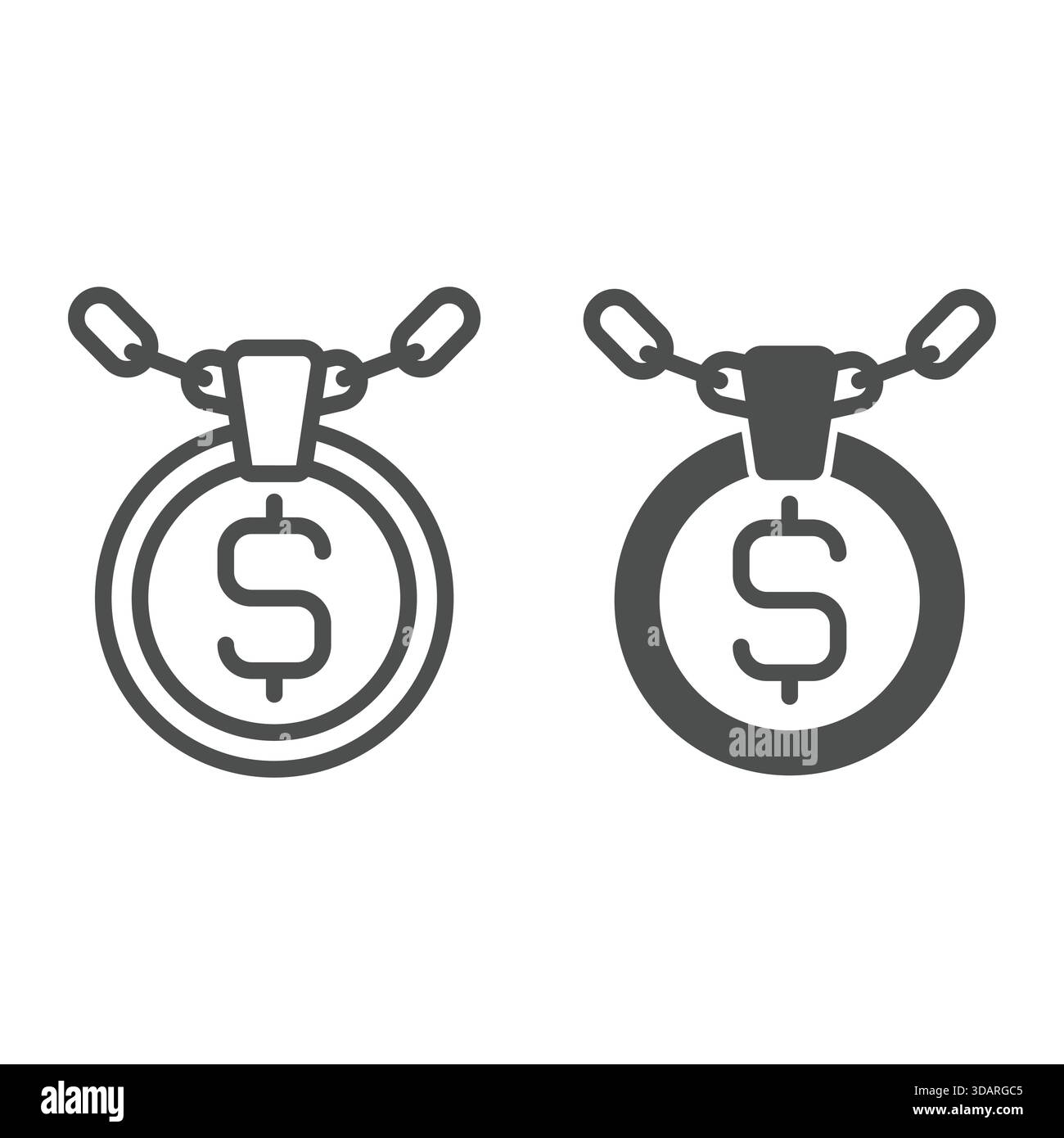 Collana con linea di monete da un dollaro e icona a tinta unita, gioielleria. Grafica vettoriale. Simbolo amuleto a moneta su sfondo bianco, icona stile contorno per Illustrazione Vettoriale