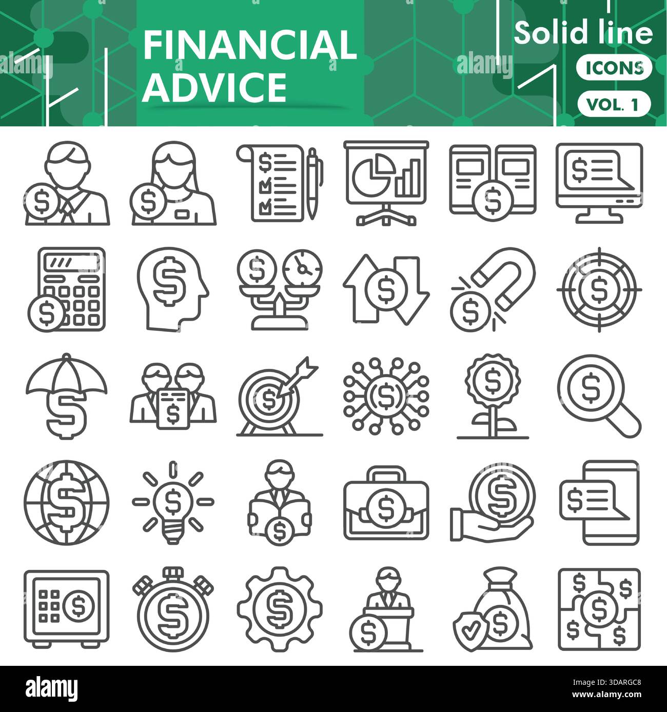 Raccolta o schizzi di simboli di consulenza finanziaria. icone del tema finanziario in stile di linea segnalano web e app. Grafica vettoriale isolata su sfondo bianco Illustrazione Vettoriale