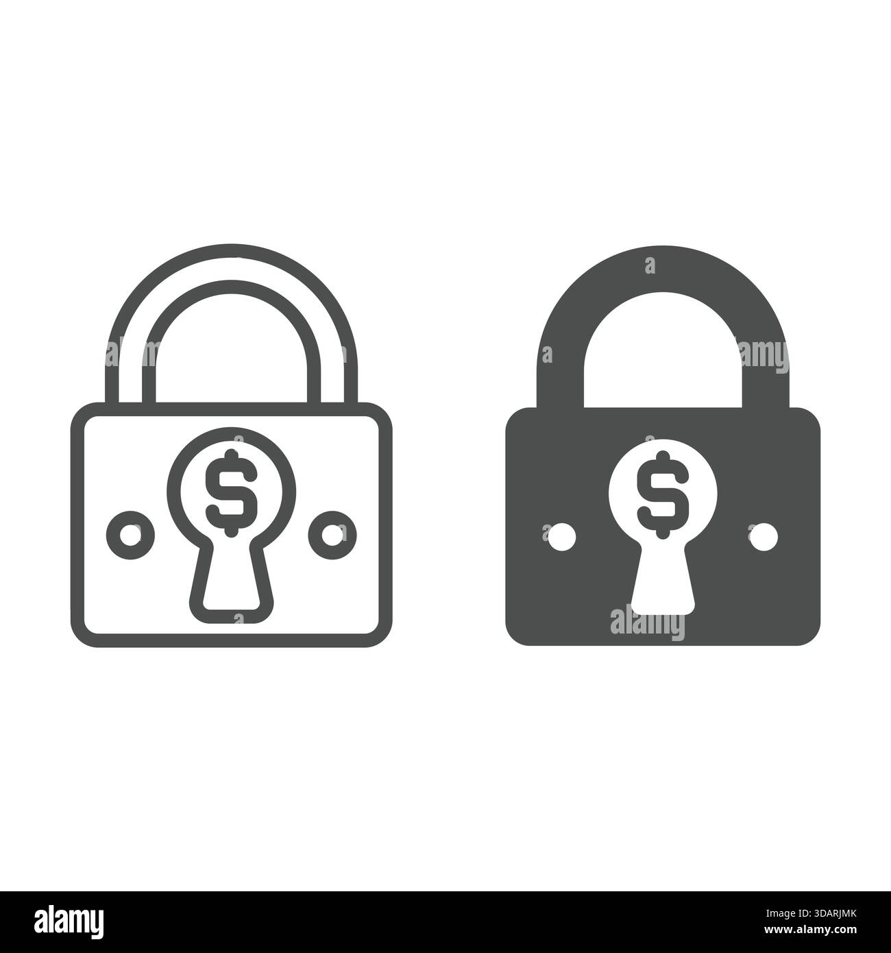 Bloccate con un dollaro nella linea keyhole e un'icona solida, concetto di sanzioni globali. Grafica vettoriale. Segnale di cambio valuta bloccato su sfondo bianco, contorno Illustrazione Vettoriale