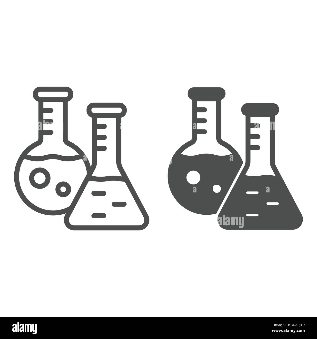 Matracci rotondi e conici, icona solida, concetto di ricerca clinica. Grafica vettoriale. Cartello in vetro per test di laboratorio su sfondo bianco, contorno stile i. Illustrazione Vettoriale