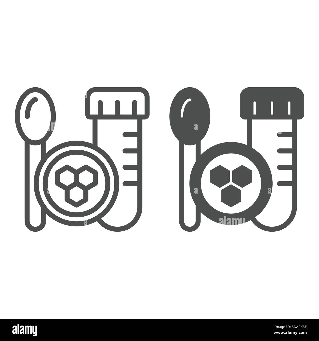 Linea di matracci per campioni di DNA e cucchiaio e icona solida, concetto di ricerca genetica. Grafica vettoriale. Segno della provetta per test delle cellule a catena del DNA su sfondo bianco, contorno Illustrazione Vettoriale