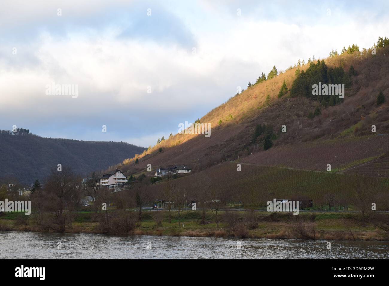 Sole basso e lunghe ombre su Cochem in inverno, luce di dicembre Foto Stock