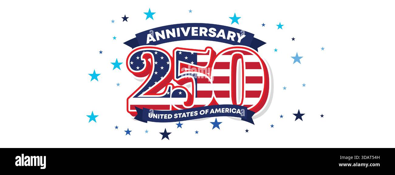 Badge decorativo, banner USA per il 250° anniversario con stelle, strisce e emblema classico Illustrazione Vettoriale