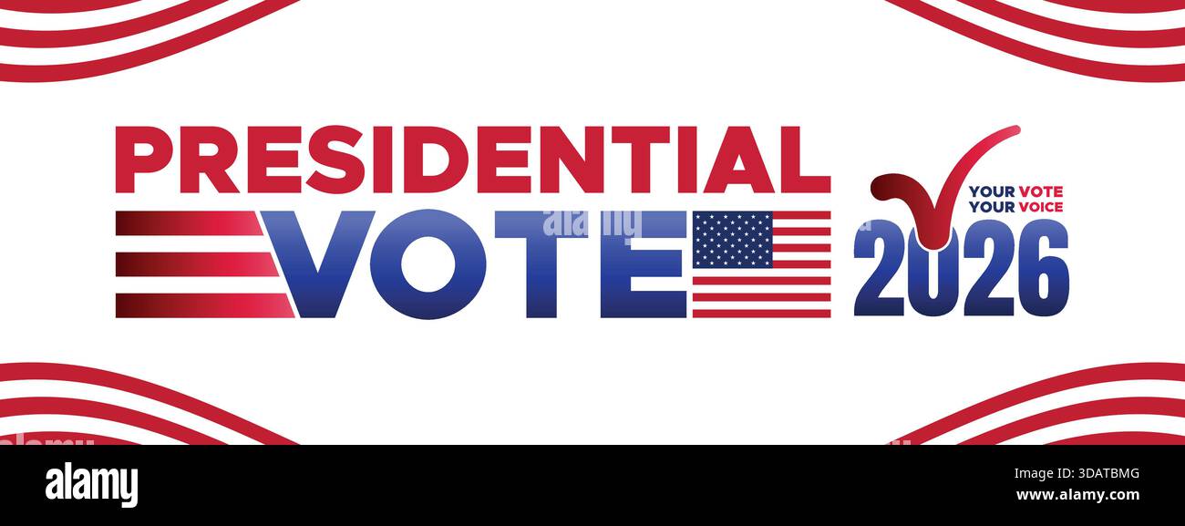 Banner Clean Presidential Vote 2026 con tipografia audace ed elementi patriottici, perfetto per annunci di campagne politiche e grafica promozionale. Illustrazione Vettoriale