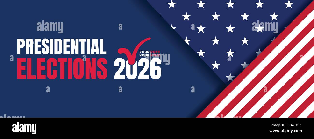 Banner patriottico per le elezioni presidenziali del 2026 con grafica a stelle e tipo audace, ideale per la promozione di campagne e pubblicità politica. Illustrazione Vettoriale