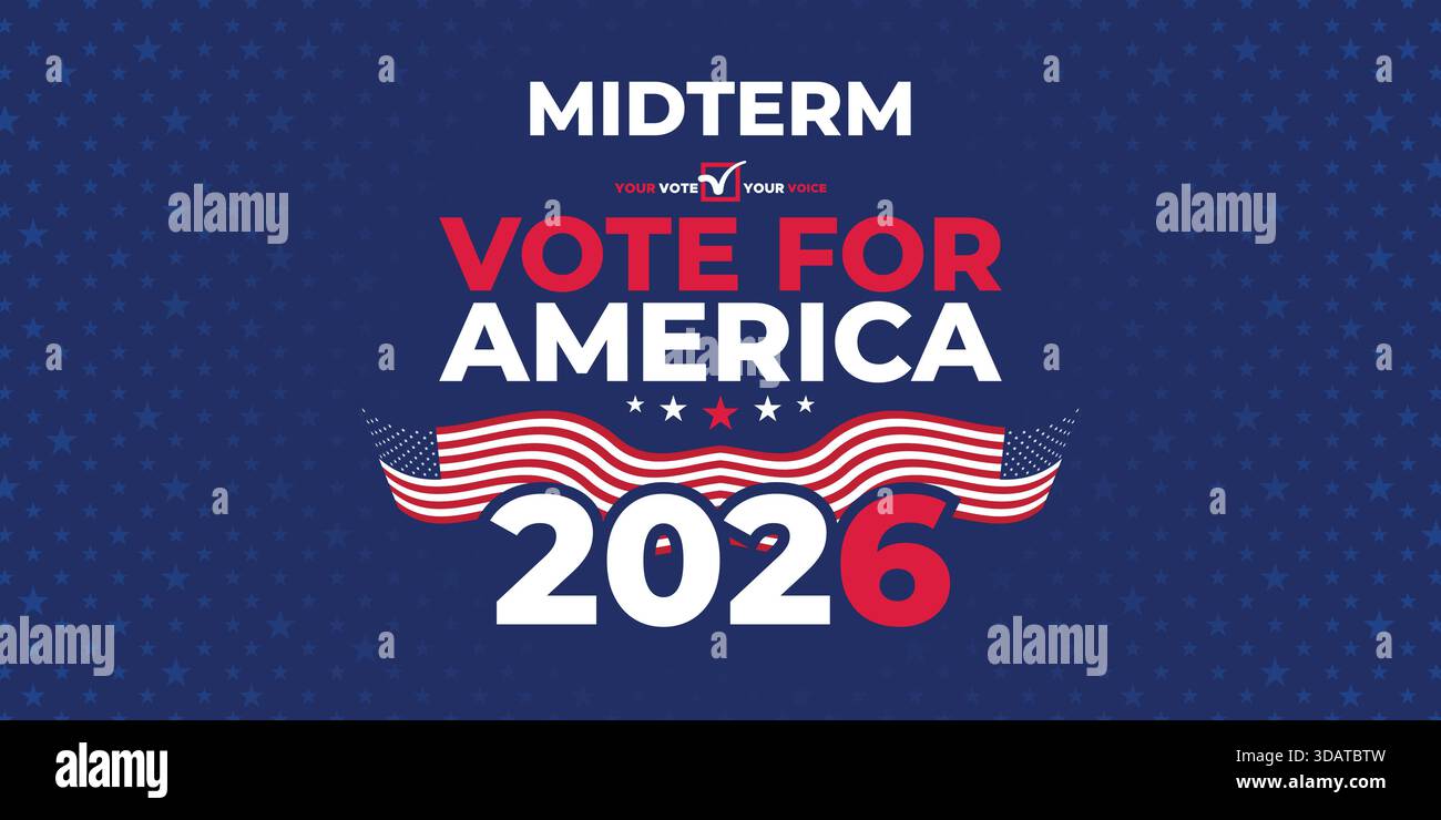 Audace banner di voto a medio termine per America 2026 con stelle patriottiche, layout pulito e moderna grafica rossa/bianca/blu, perfetta per la promozione della campagna. Illustrazione Vettoriale