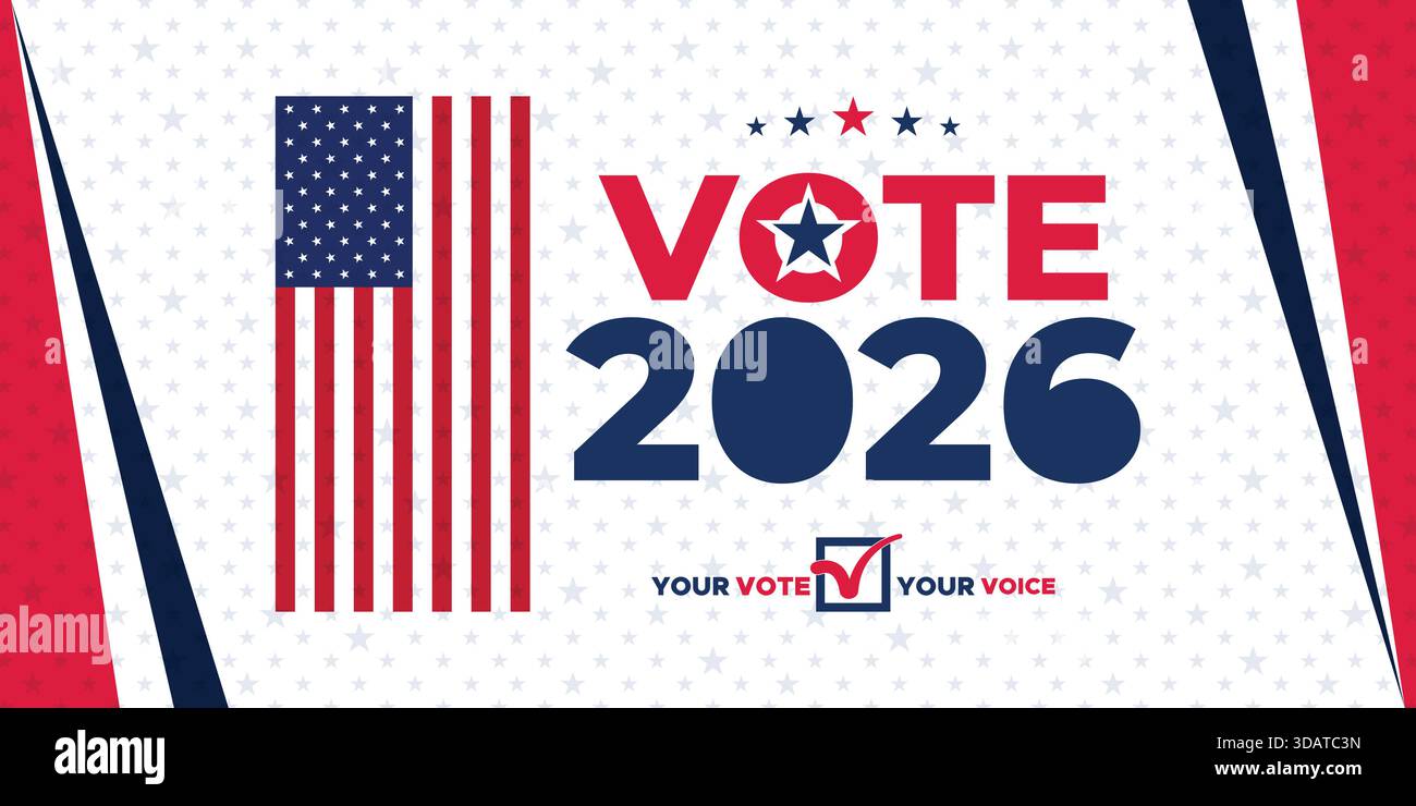Audace striscione elettorale 2026 con colori patriottici, struttura pulita e grafica moderna in stile USA, perfetta per la pubblicità politica e la mia campagna elettorale Illustrazione Vettoriale