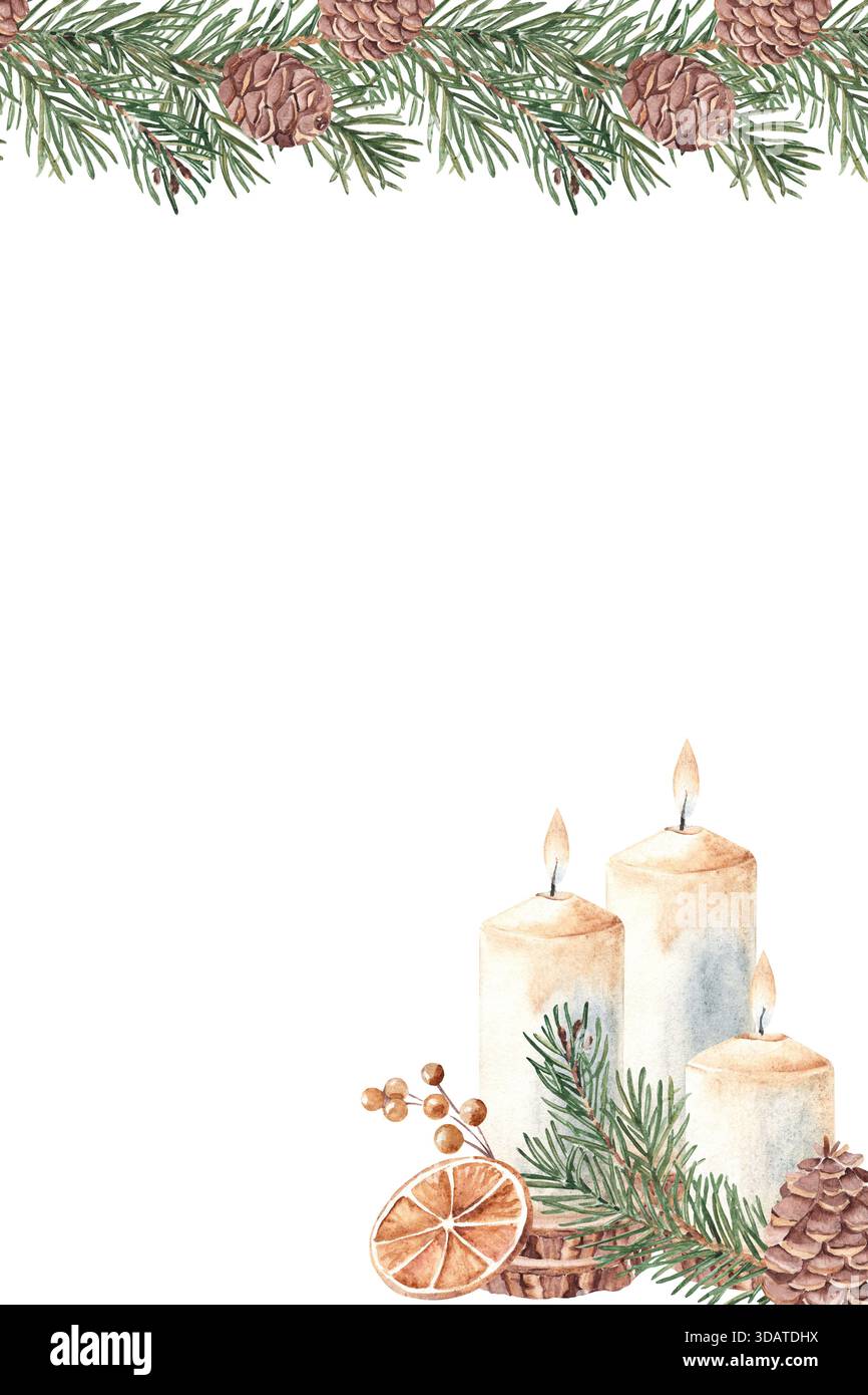 Inverno, cornice verticale quadrata di Natale, bordo. Abete, rami di pino e coni, candele e fette di arancia secca. Accogliente casa botanica disegnata a mano Foto Stock