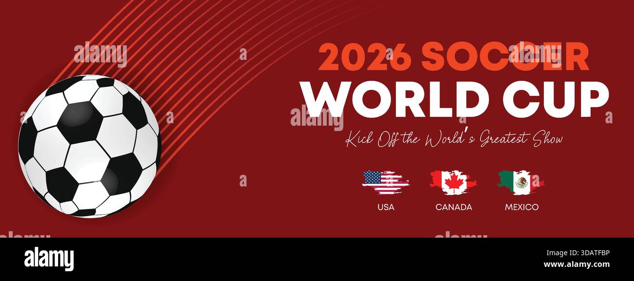 Striscione dinamico rosso della Coppa del mondo di calcio 2026 Illustrazione Vettoriale