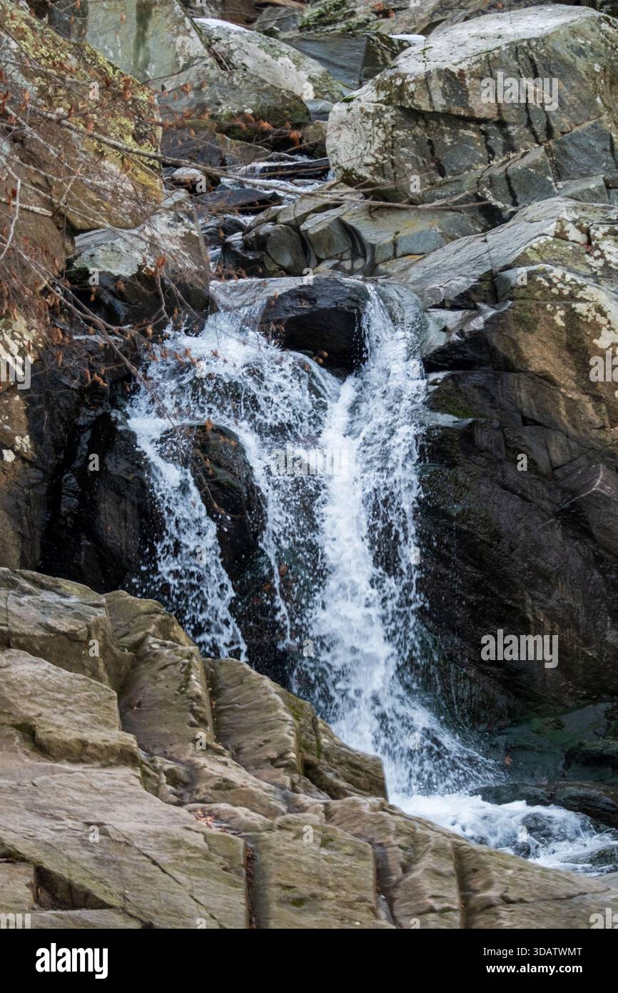 La vista delle cascate d'acqua si tuffa lungo una scogliera rocciosa, creando un contrasto dinamico tra l'acqua liscia e la roccia ruvida, Scott's Run, Virginia, U Foto Stock