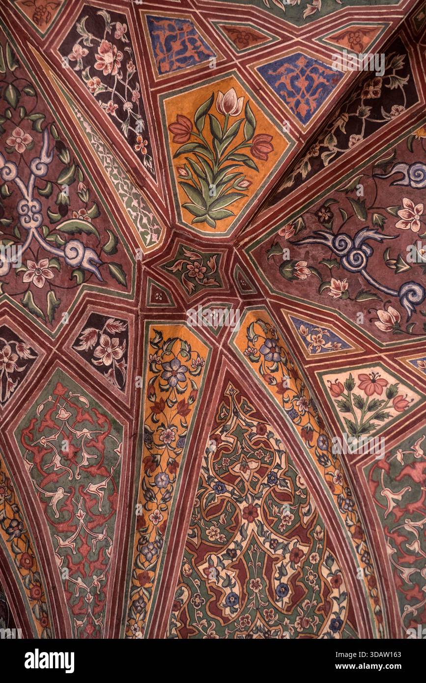 Vista di intricati motivi floreali e geometrici adornano il soffitto, una sinfonia di colori in un'affascinante mostra d'arte, Lahore, Punjab, Pakistan. Foto Stock