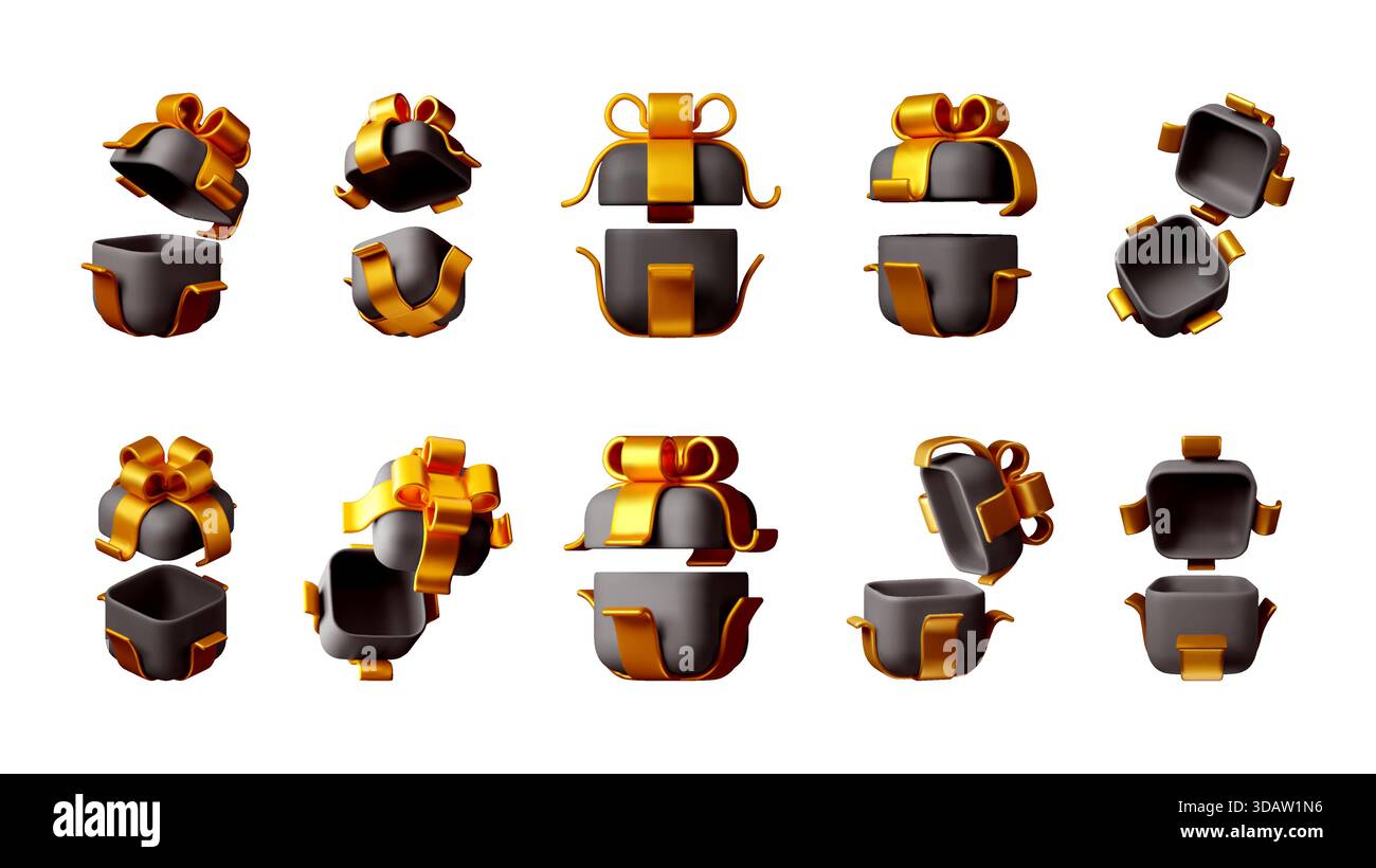 Set di confezioni regalo con rendering 3d con nastro in oro Illustrazione Vettoriale