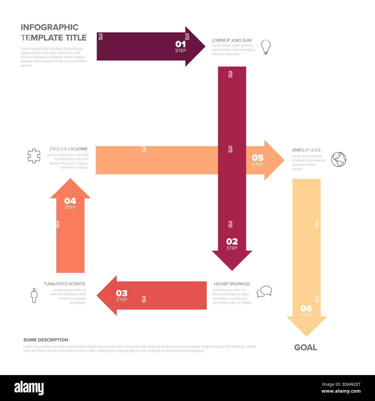 Un modello infografico dinamico a più fasi con frecce colorate che illustrano il flusso di un processo. Questa versatile infografica multi-step è perfetta per la presa Illustrazione Vettoriale