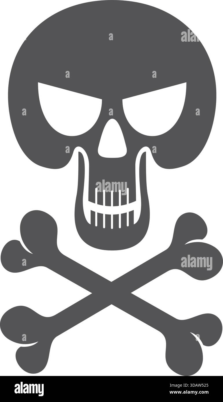 Un cranio con ossa incrociate e sfondo nero. Il cranio ha un aspetto minaccioso ed è circondato da un cranio e da ossa incrociate Illustrazione Vettoriale